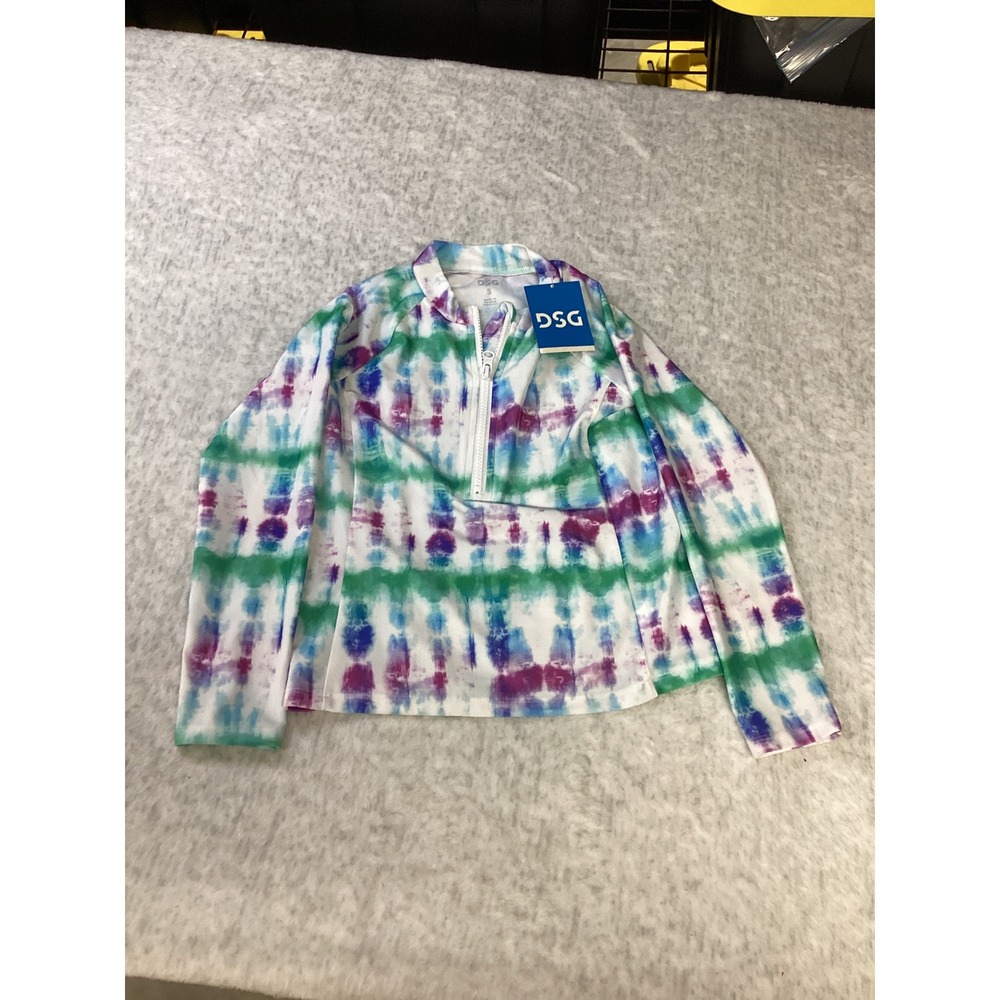 DSG Girls Small LS Rash Guard Tide Dye Multi 50+ UV‎ Protection Quarter Zip NWT
